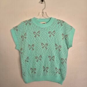 Vintage 80's Metallic Bow Print Cap Sleeve Pullover Sweater Blue Silver Retro